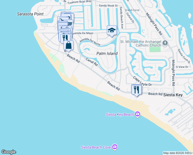 map of restaurants, bars, coffee shops, grocery stores, and more near 547 Beach Road in Sarasota