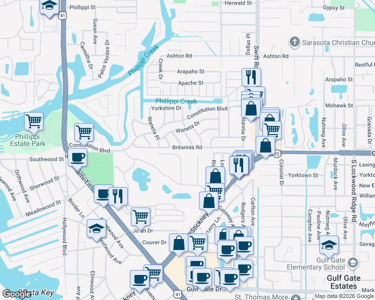 map of restaurants, bars, coffee shops, grocery stores, and more near 5761 Antilles Drive in Sarasota