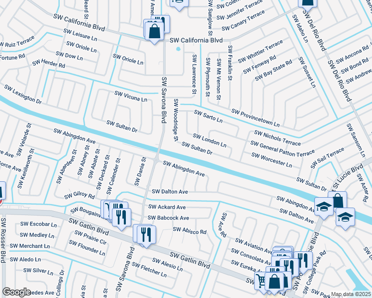 map of restaurants, bars, coffee shops, grocery stores, and more near 1069 Southwest Sultan Drive in Port St. Lucie
