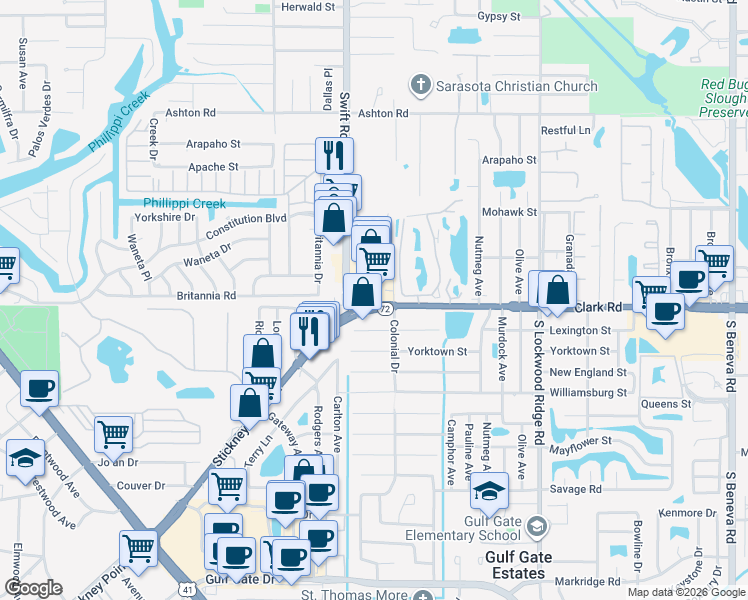map of restaurants, bars, coffee shops, grocery stores, and more near 2811 Clark Road in Sarasota