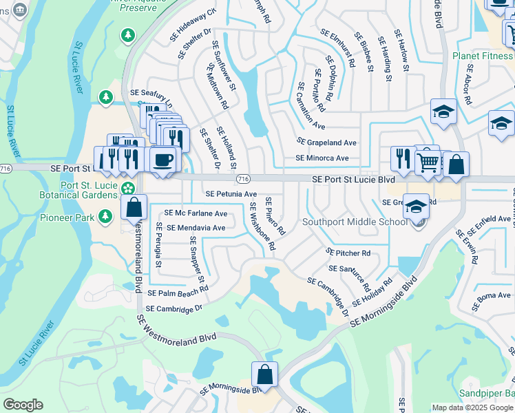 map of restaurants, bars, coffee shops, grocery stores, and more near 2402 Southeast Pinero Road in Port St. Lucie
