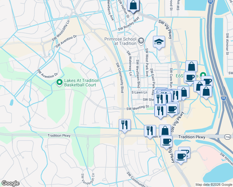 map of restaurants, bars, coffee shops, grocery stores, and more near 11178 Southwest Northland Drive in Port St. Lucie