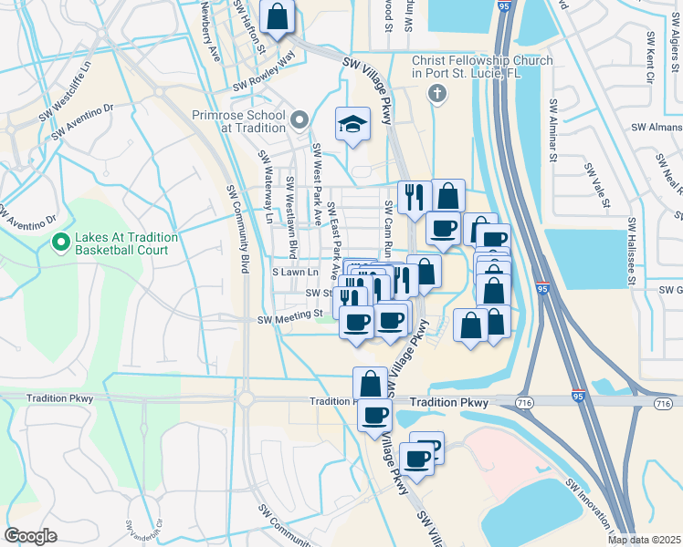 map of restaurants, bars, coffee shops, grocery stores, and more near 10520 Southwest Stephanie Way in Port St. Lucie