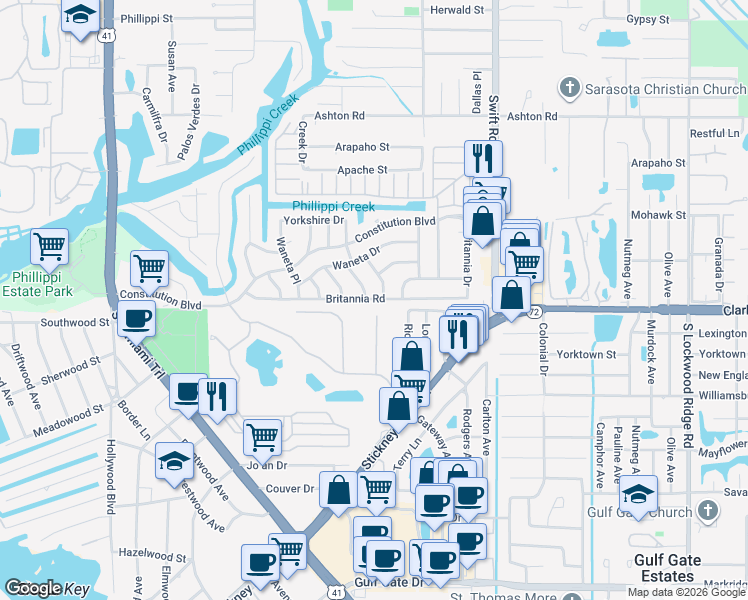 map of restaurants, bars, coffee shops, grocery stores, and more near 5761 Antilles Drive in Sarasota