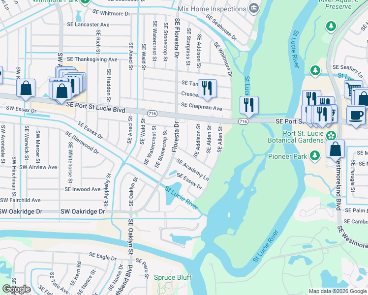 map of restaurants, bars, coffee shops, grocery stores, and more near 2381 Southeast Stargrass Street in Port St. Lucie