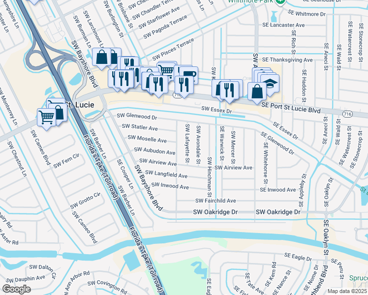 map of restaurants, bars, coffee shops, grocery stores, and more near 200 Southwest Moselle Avenue in Port St. Lucie