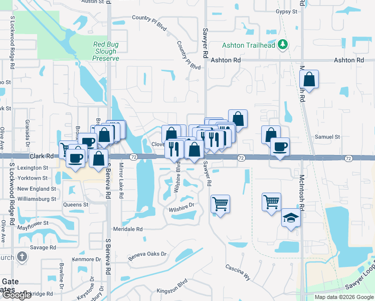 map of restaurants, bars, coffee shops, grocery stores, and more near 3939 Clark Road in Sarasota