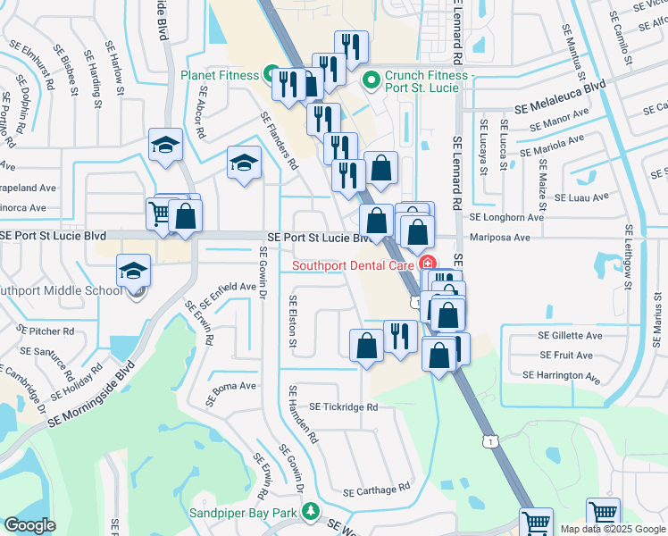 map of restaurants, bars, coffee shops, grocery stores, and more near 2398 Southeast Delano Road in Port St. Lucie