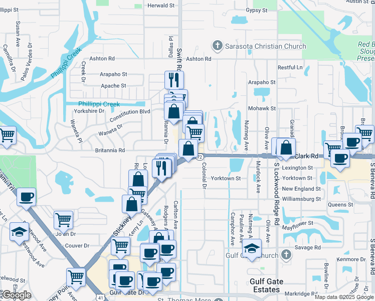map of restaurants, bars, coffee shops, grocery stores, and more near 2811 Clark Road in Sarasota