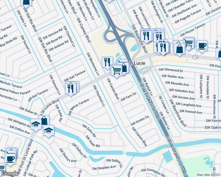 map of restaurants, bars, coffee shops, grocery stores, and more near 2444 Southwest Cameo Boulevard in Port St. Lucie