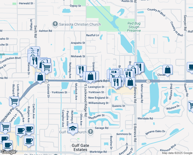 map of restaurants, bars, coffee shops, grocery stores, and more near 5738 Granada Drive in Sarasota