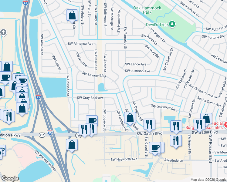 map of restaurants, bars, coffee shops, grocery stores, and more near 2126 Southwest Biella Avenue in Port St. Lucie