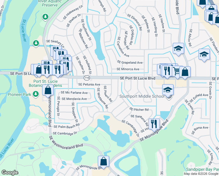 map of restaurants, bars, coffee shops, grocery stores, and more near 2415 Southeast Shipping Road in Port St. Lucie