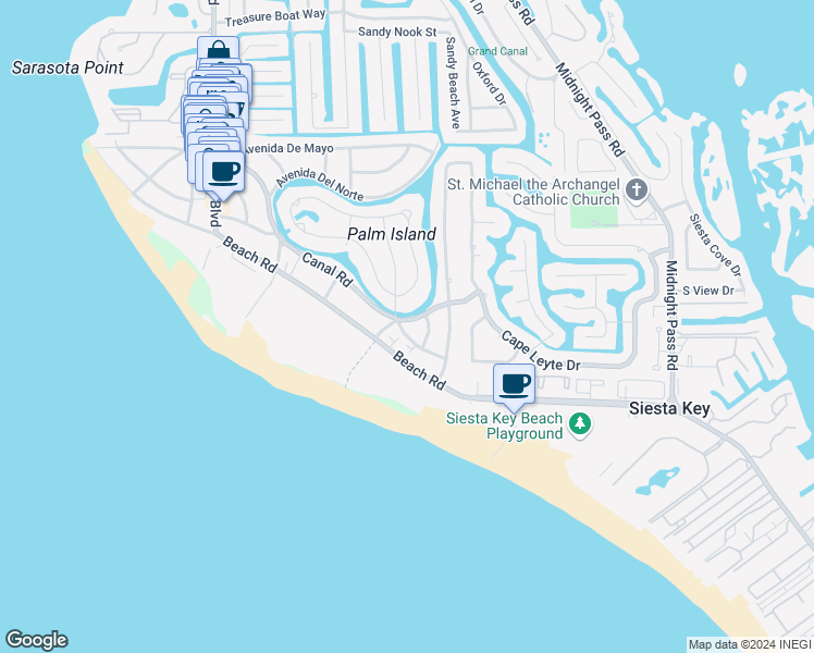 map of restaurants, bars, coffee shops, grocery stores, and more near 606 Canal Road in Siesta Key
