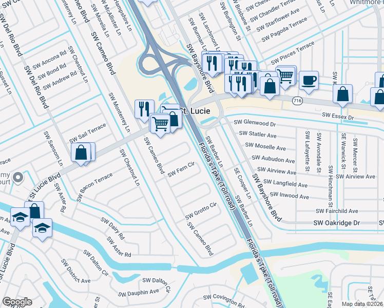map of restaurants, bars, coffee shops, grocery stores, and more near 2268 Southwest Edison Circle in Port St. Lucie