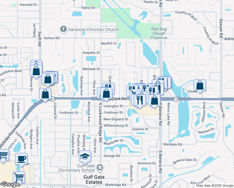 map of restaurants, bars, coffee shops, grocery stores, and more near 3333 Clark Road in Sarasota