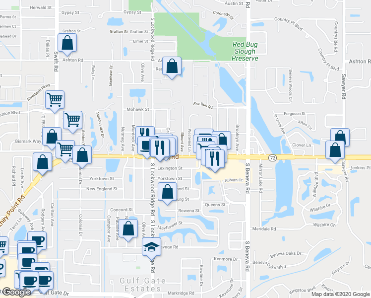 map of restaurants, bars, coffee shops, grocery stores, and more near 3333 Clark Rd in Sarasota