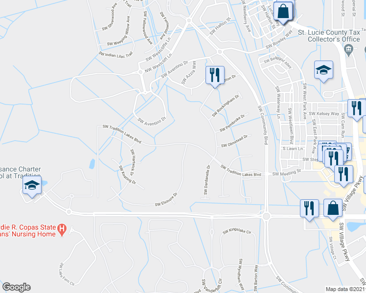 map of restaurants, bars, coffee shops, grocery stores, and more near 10702 Southwest Elsinore Drive in Port St. Lucie
