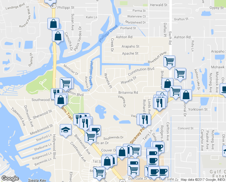 map of restaurants, bars, coffee shops, grocery stores, and more near 2411 Britannia Road in Sarasota