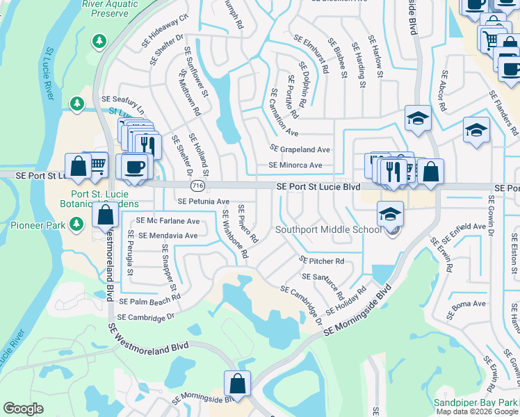 map of restaurants, bars, coffee shops, grocery stores, and more near 2415 Southeast Shipping Road in Port St. Lucie