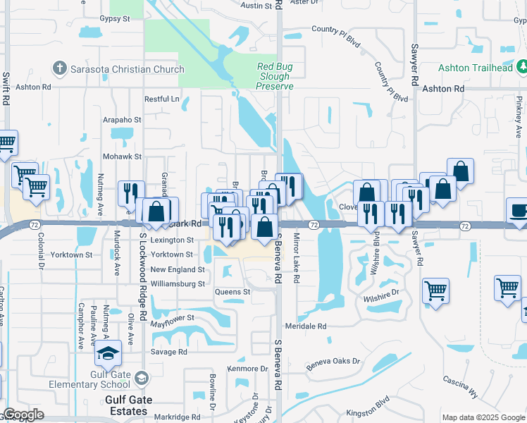 map of restaurants, bars, coffee shops, grocery stores, and more near 5768 Brooklyn Avenue in Sarasota