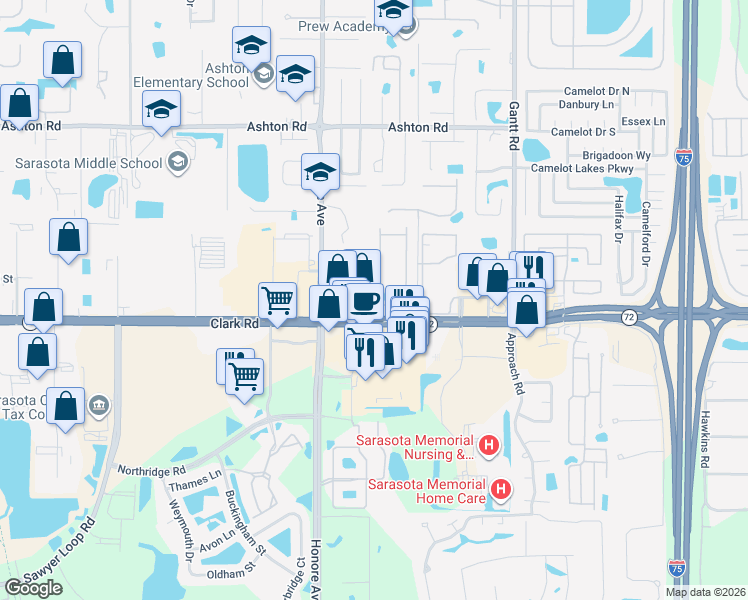 map of restaurants, bars, coffee shops, grocery stores, and more near 8055 Limestone Lane in Sarasota