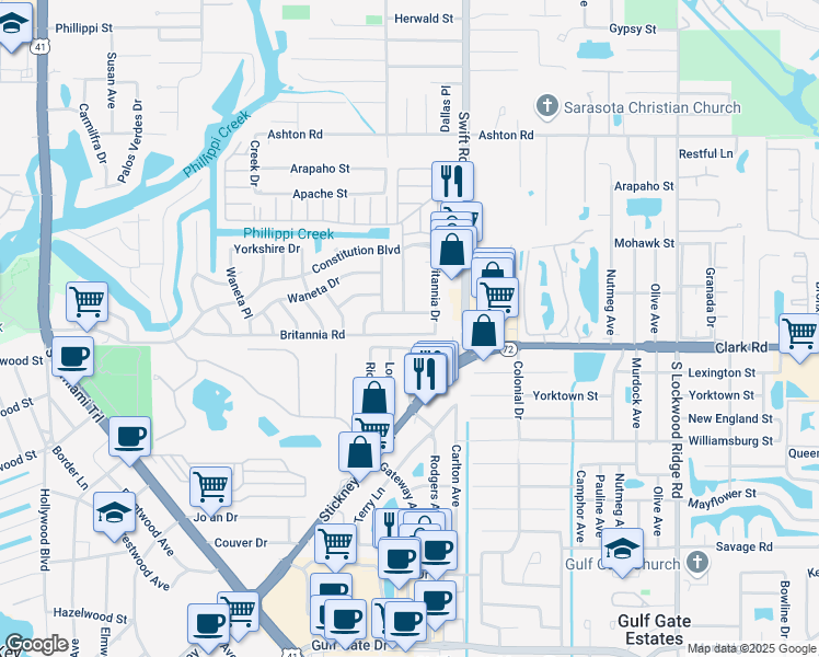 map of restaurants, bars, coffee shops, grocery stores, and more near 2629 Britannia Road in Sarasota