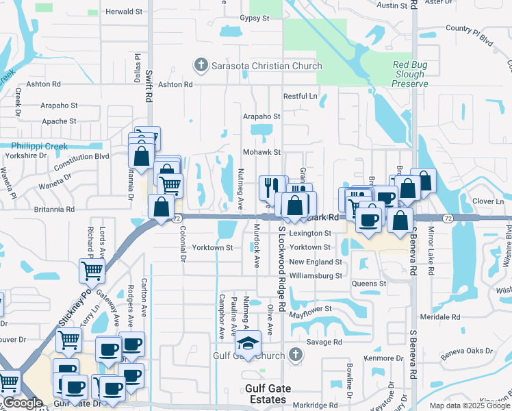 map of restaurants, bars, coffee shops, grocery stores, and more near 5731 Murdock Avenue in Sarasota