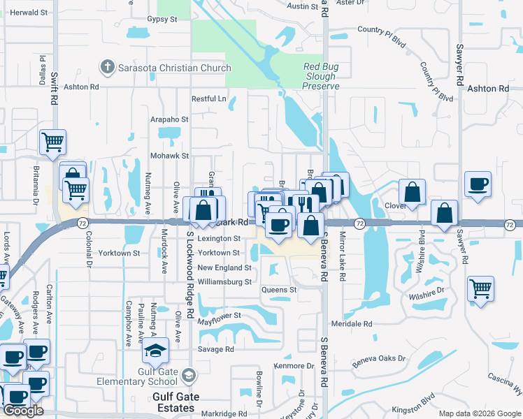 map of restaurants, bars, coffee shops, grocery stores, and more near 3411 Clark Road in Sarasota