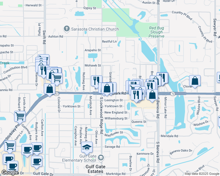 map of restaurants, bars, coffee shops, grocery stores, and more near 5738 Granada Drive in Sarasota