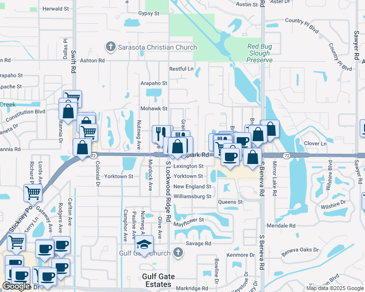 map of restaurants, bars, coffee shops, grocery stores, and more near 5738 Granada Drive in Sarasota