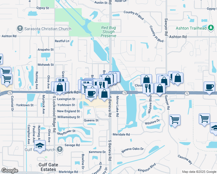 map of restaurants, bars, coffee shops, grocery stores, and more near 5768 Brooklyn Avenue in Sarasota