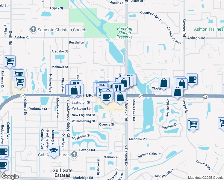 map of restaurants, bars, coffee shops, grocery stores, and more near 5763 Bronx Avenue in Sarasota