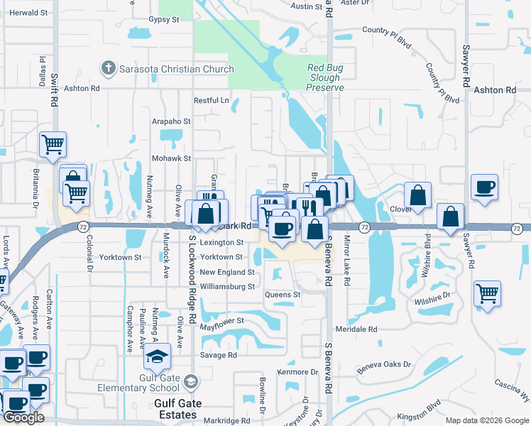 map of restaurants, bars, coffee shops, grocery stores, and more near 3411 Clark Road in Sarasota