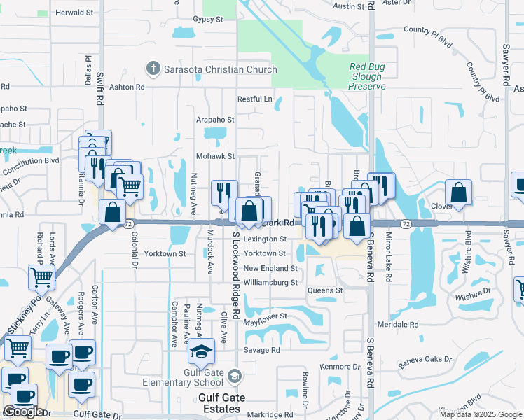 map of restaurants, bars, coffee shops, grocery stores, and more near 5738 Granada Drive in Sarasota
