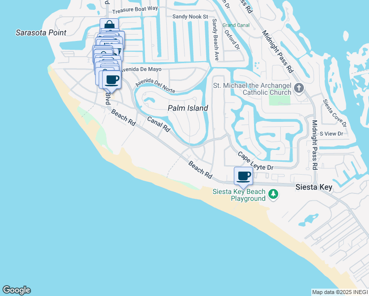 map of restaurants, bars, coffee shops, grocery stores, and more near 606 Canal Road in Siesta Key
