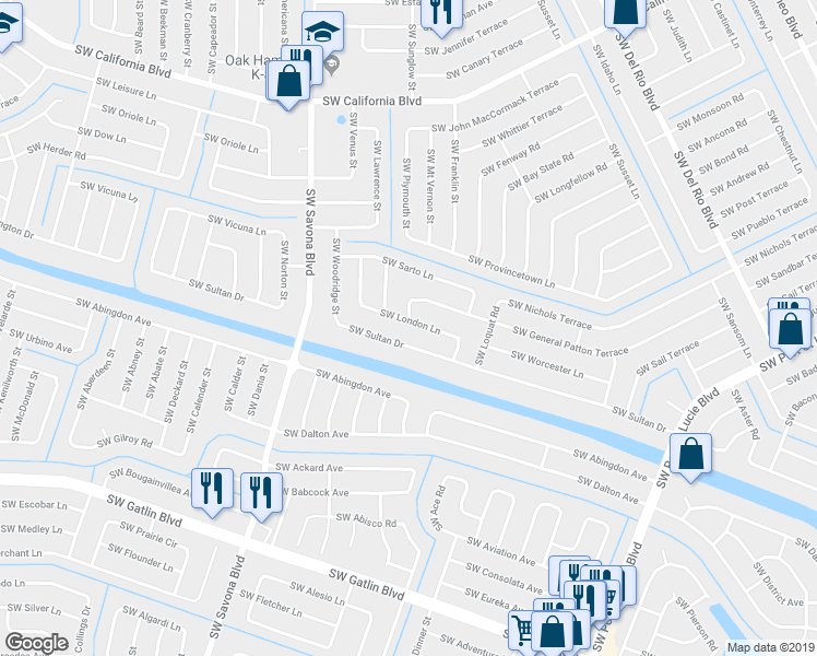 map of restaurants, bars, coffee shops, grocery stores, and more near 1094 Southwest London Lane in Port St. Lucie