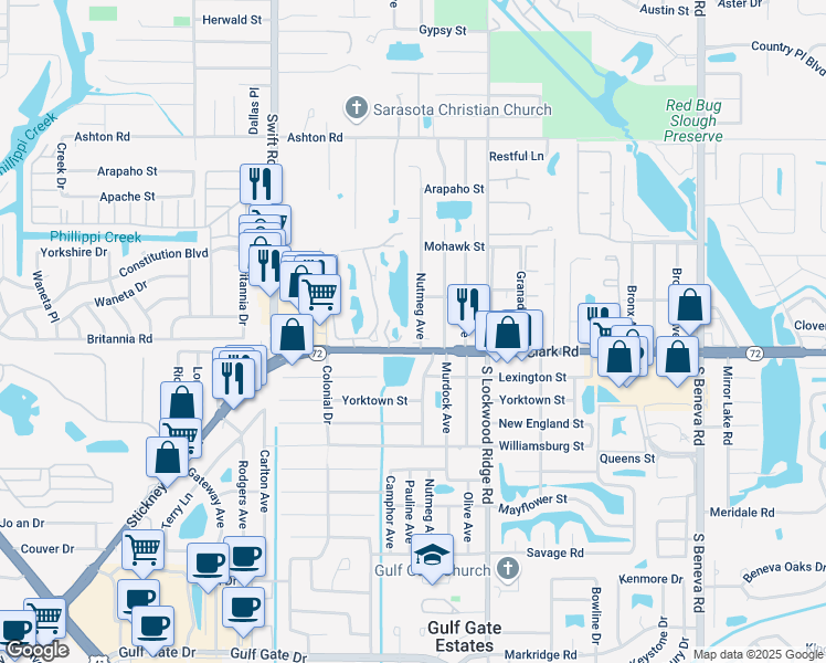 map of restaurants, bars, coffee shops, grocery stores, and more near 5724 Nutmeg Avenue in Sarasota