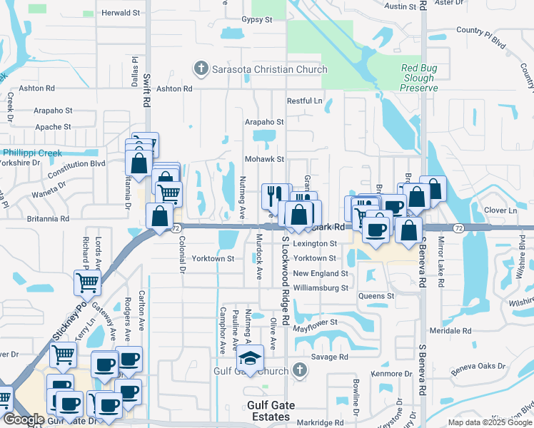 map of restaurants, bars, coffee shops, grocery stores, and more near 5731 Murdock Avenue in Sarasota