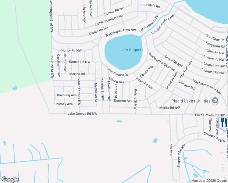 map of restaurants, bars, coffee shops, grocery stores, and more near 224 Marlin Street Northwest in Lake Placid