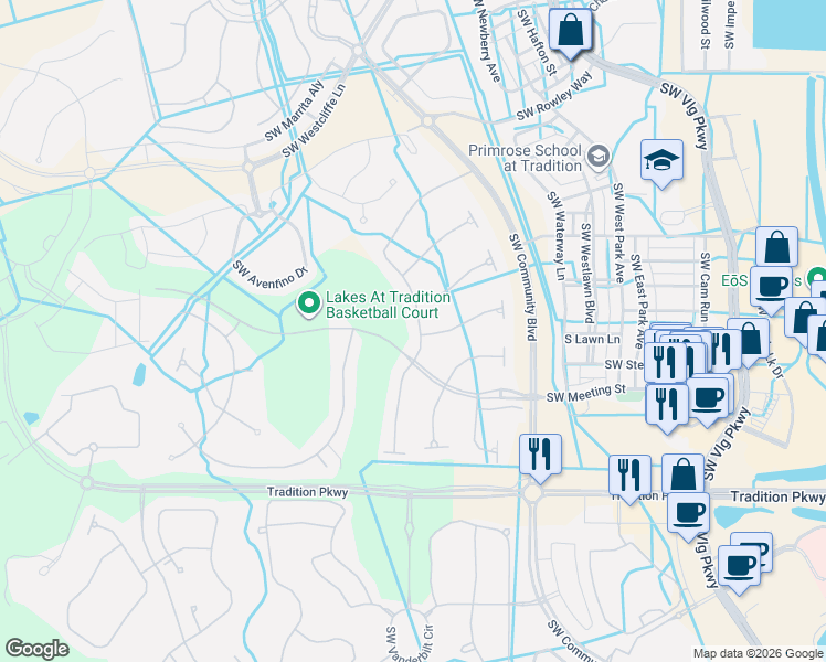 map of restaurants, bars, coffee shops, grocery stores, and more near 10697 Southwest Stratton Drive in Port St. Lucie