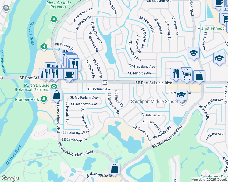 map of restaurants, bars, coffee shops, grocery stores, and more near 2402 Southeast Pinero Road in Port St. Lucie