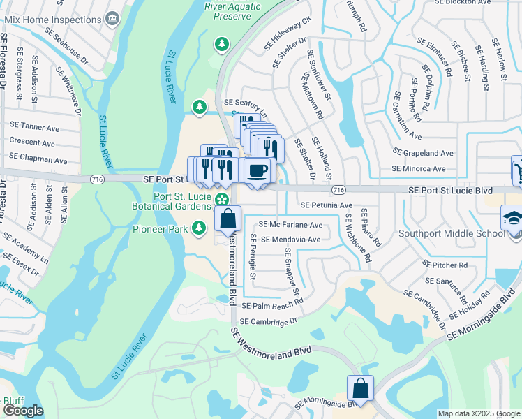 map of restaurants, bars, coffee shops, grocery stores, and more near 1174 Southeast Petunia Avenue in Port St. Lucie