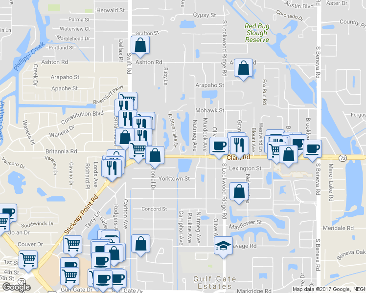 map of restaurants, bars, coffee shops, grocery stores, and more near 5724 Nutmeg Avenue in Sarasota