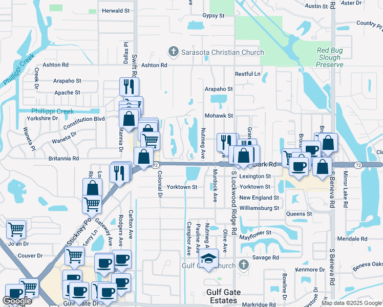 map of restaurants, bars, coffee shops, grocery stores, and more near 5724 Nutmeg Avenue in Sarasota