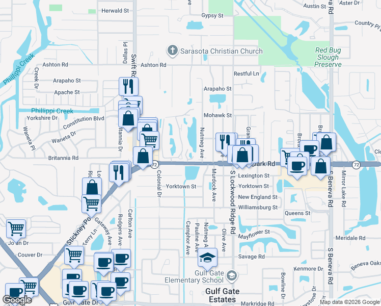map of restaurants, bars, coffee shops, grocery stores, and more near 5724 Nutmeg Avenue in Sarasota