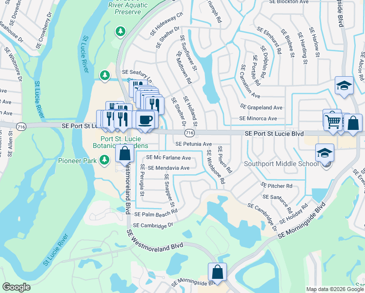 map of restaurants, bars, coffee shops, grocery stores, and more near 1250 Southeast Petunia Avenue in Port St. Lucie
