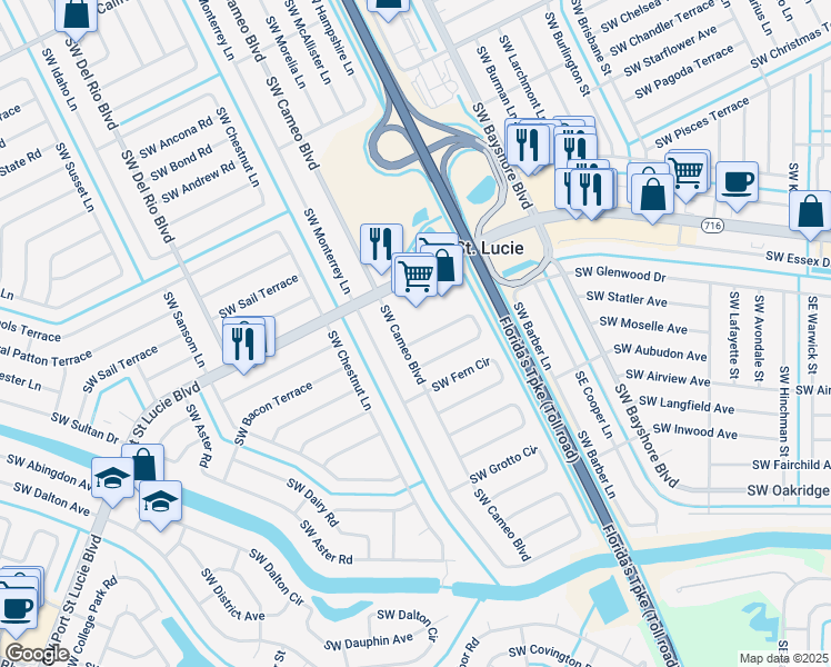 map of restaurants, bars, coffee shops, grocery stores, and more near 2444 Southwest Cameo Boulevard in Port St. Lucie