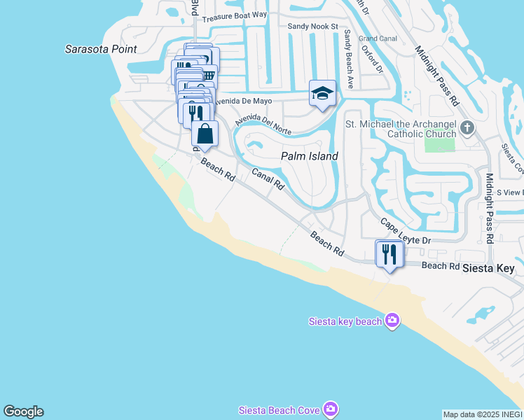 map of restaurants, bars, coffee shops, grocery stores, and more near 504 Beach Road in Siesta Key
