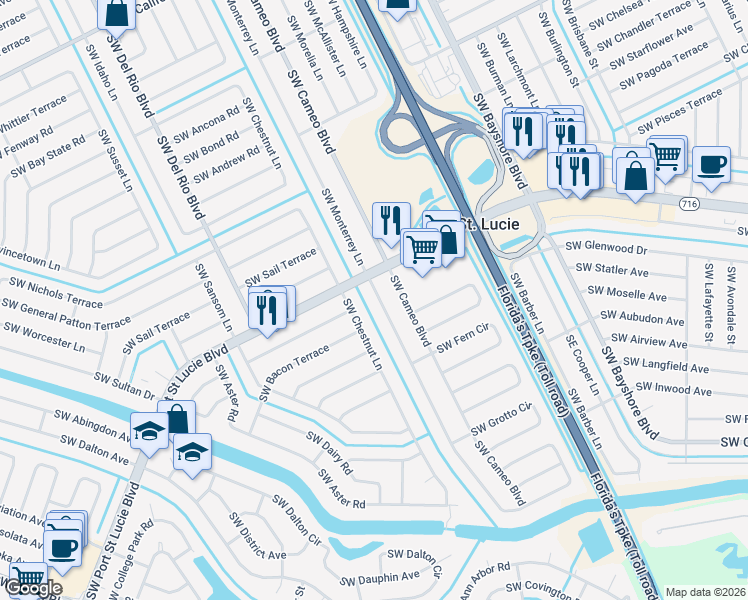 map of restaurants, bars, coffee shops, grocery stores, and more near 2420 Southwest Monterrey Lane in Port St. Lucie